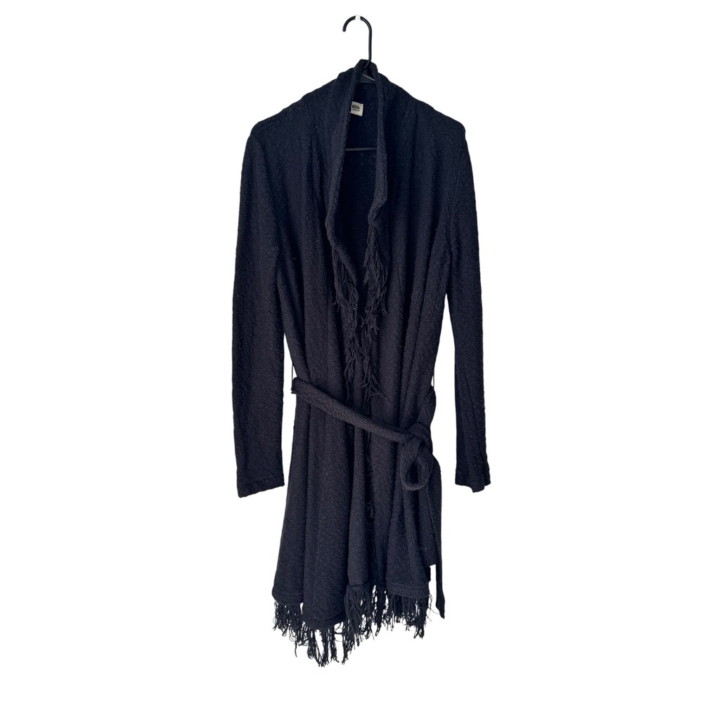 Show Me Your Mumu Suzanne Cardi Jacket Ebony Knit Black Fringe Belted Medium
